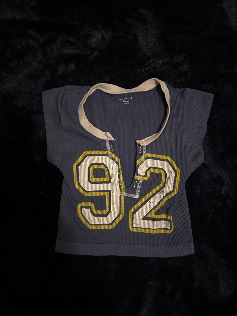 Urban Outfitters Navy Short-Sleeve Open Front Top with Yellow & Cream '92'